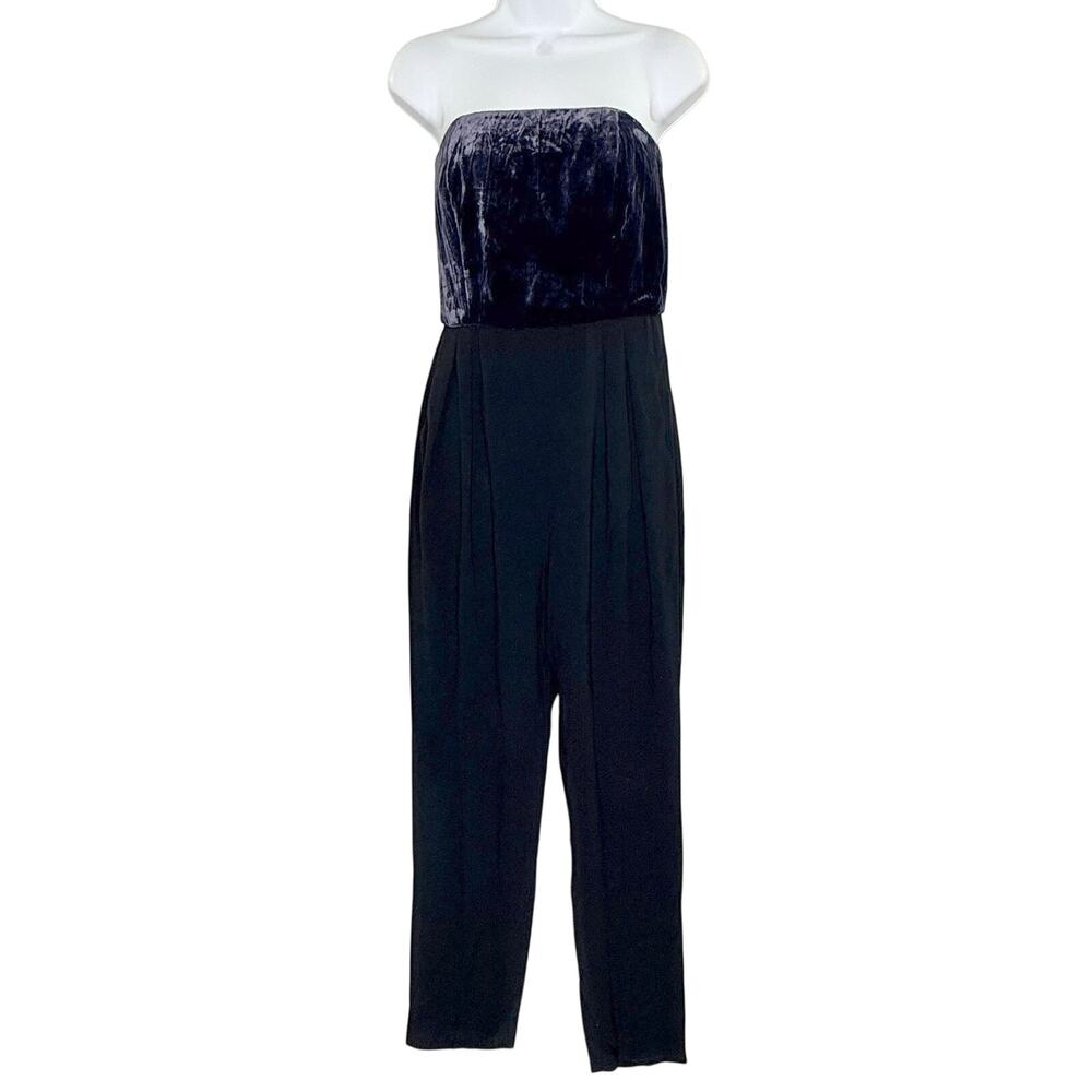 Per Se by Carlisle Strapless Velvet Tapered Straight Leg Jumpsuit 6 Navy Black